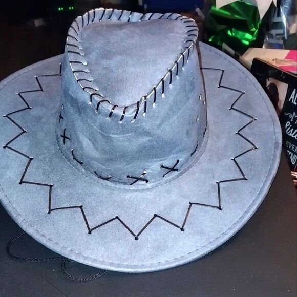 Western Style Faux Suede Cowboy Hat with Stitched Detail - Gray